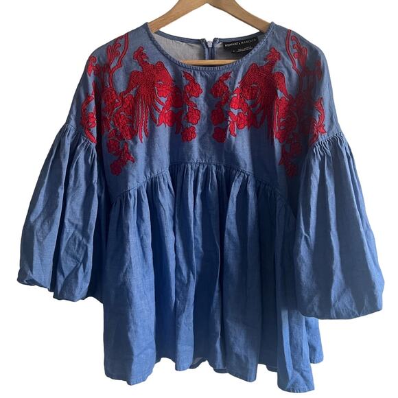 HEMANT & NANDITA embroidered boho blouse blue/red size small - Picture 1 of 10